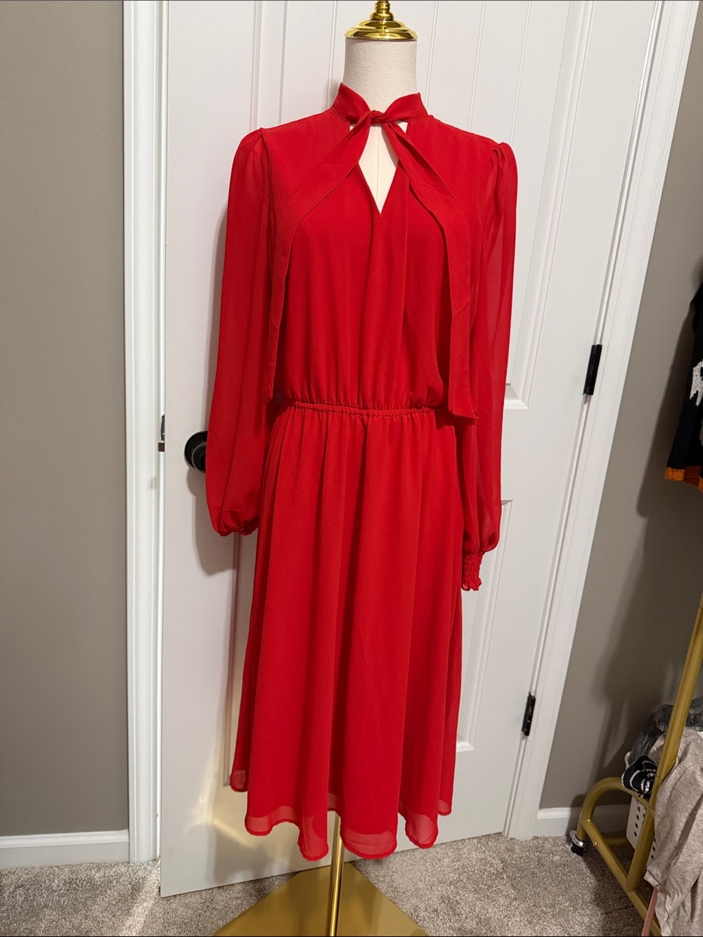 Red Tie-Neck Long Sleeve Dress